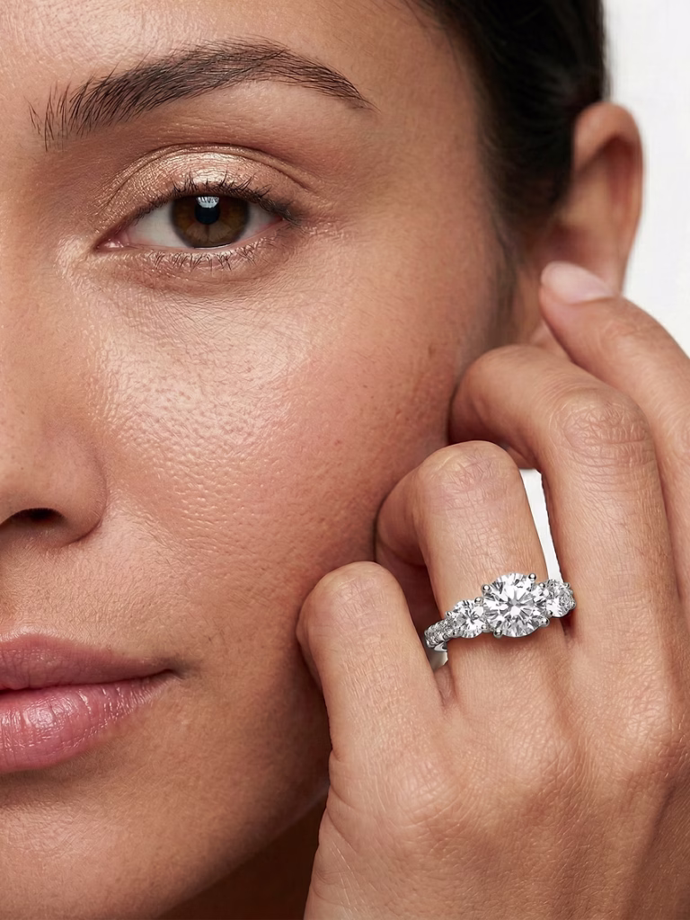 woman wearing an ethical diamond engagement ring from sustainable jewelry brand Miadonna