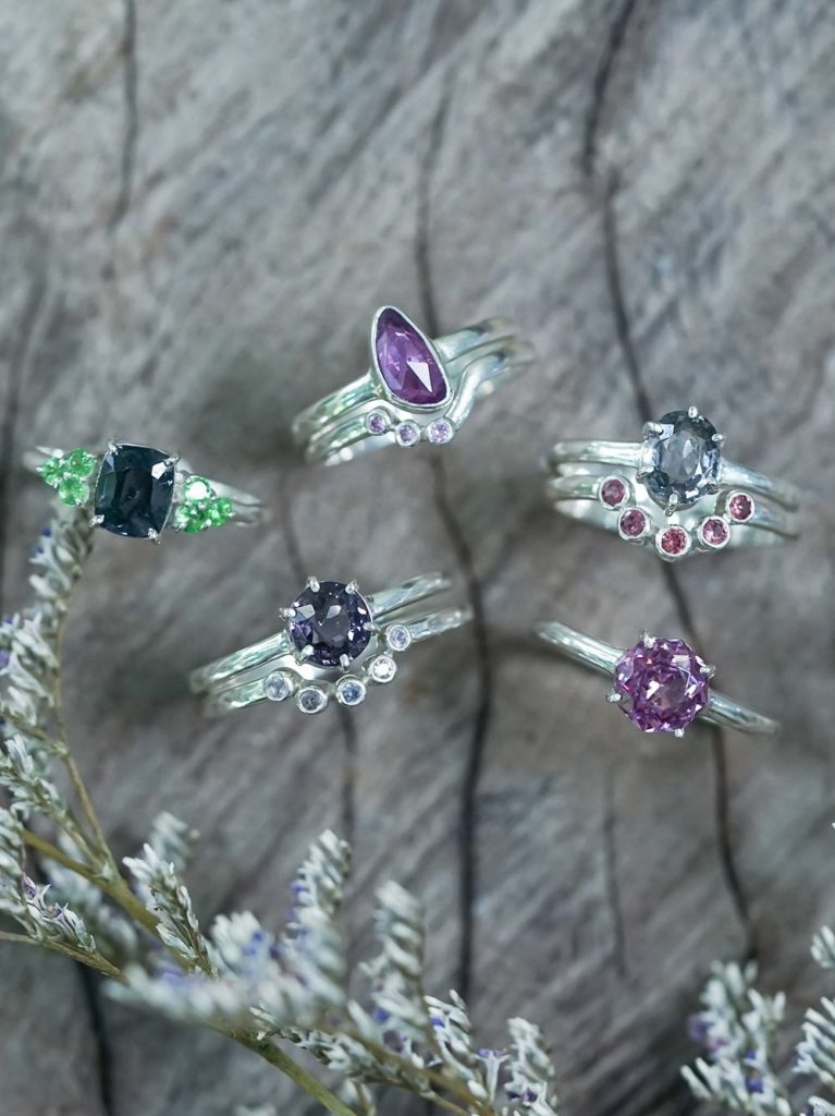 ethical engagement rings with multiple colored stones from sustainable jewelry brand gardens of the sun