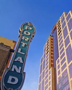 big sign in downtown Portland, a great place to go thrifting
