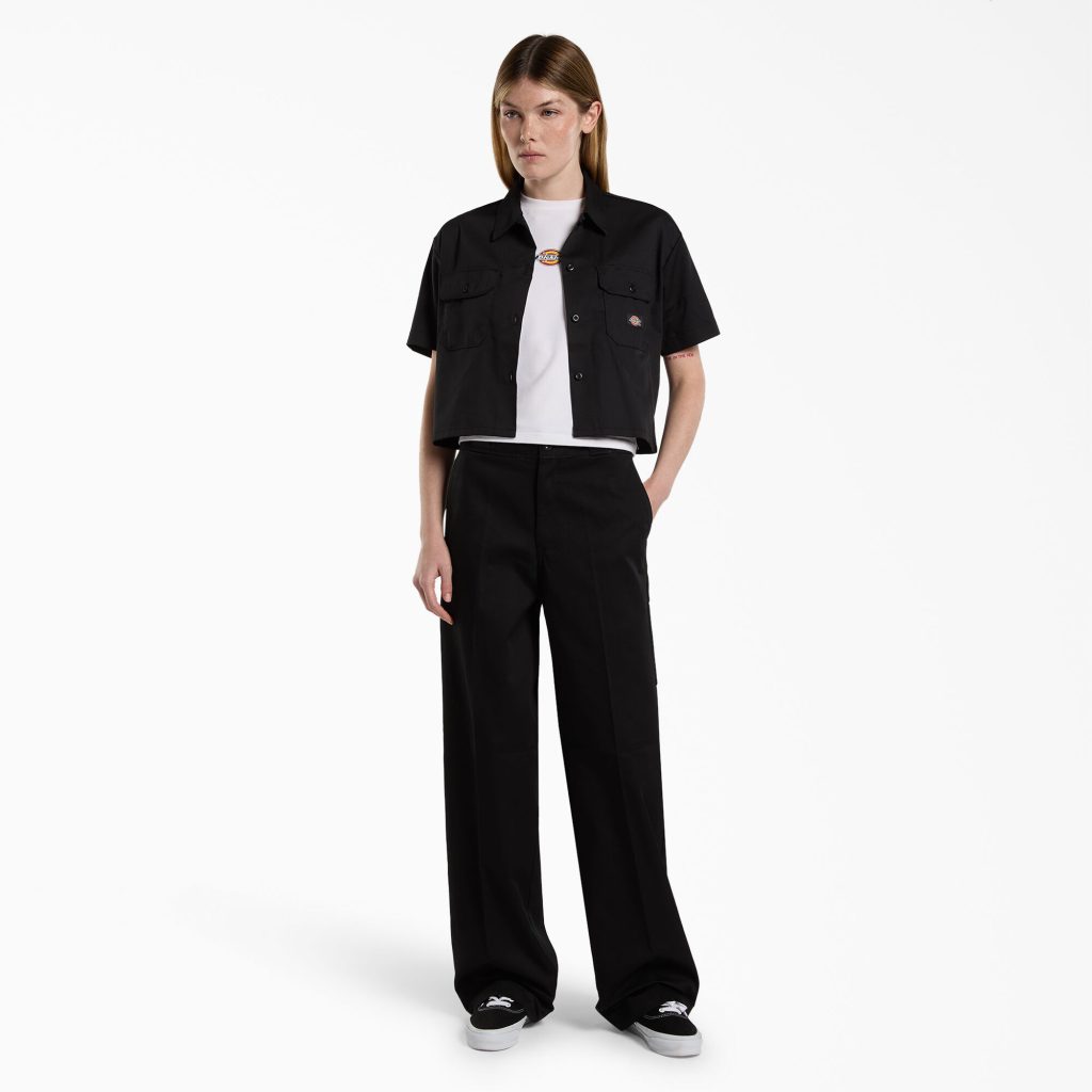 woman wearing cotton workwear apparel from affordable sustainable clothing brand dickies