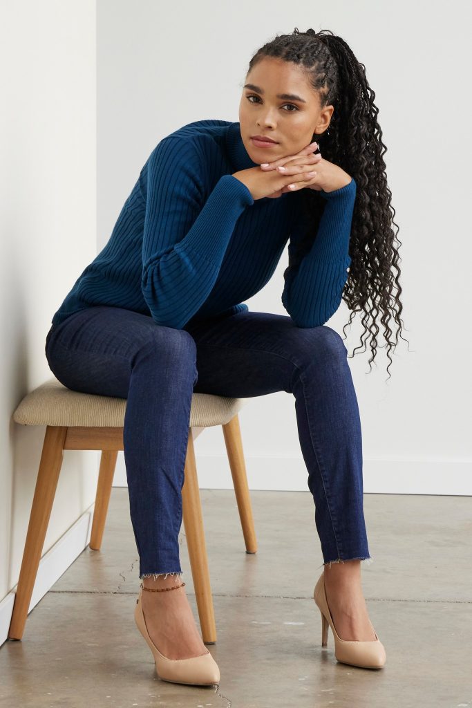 woman wearing organic cotton clothing from affordable sustainable fashion brand fair indigo