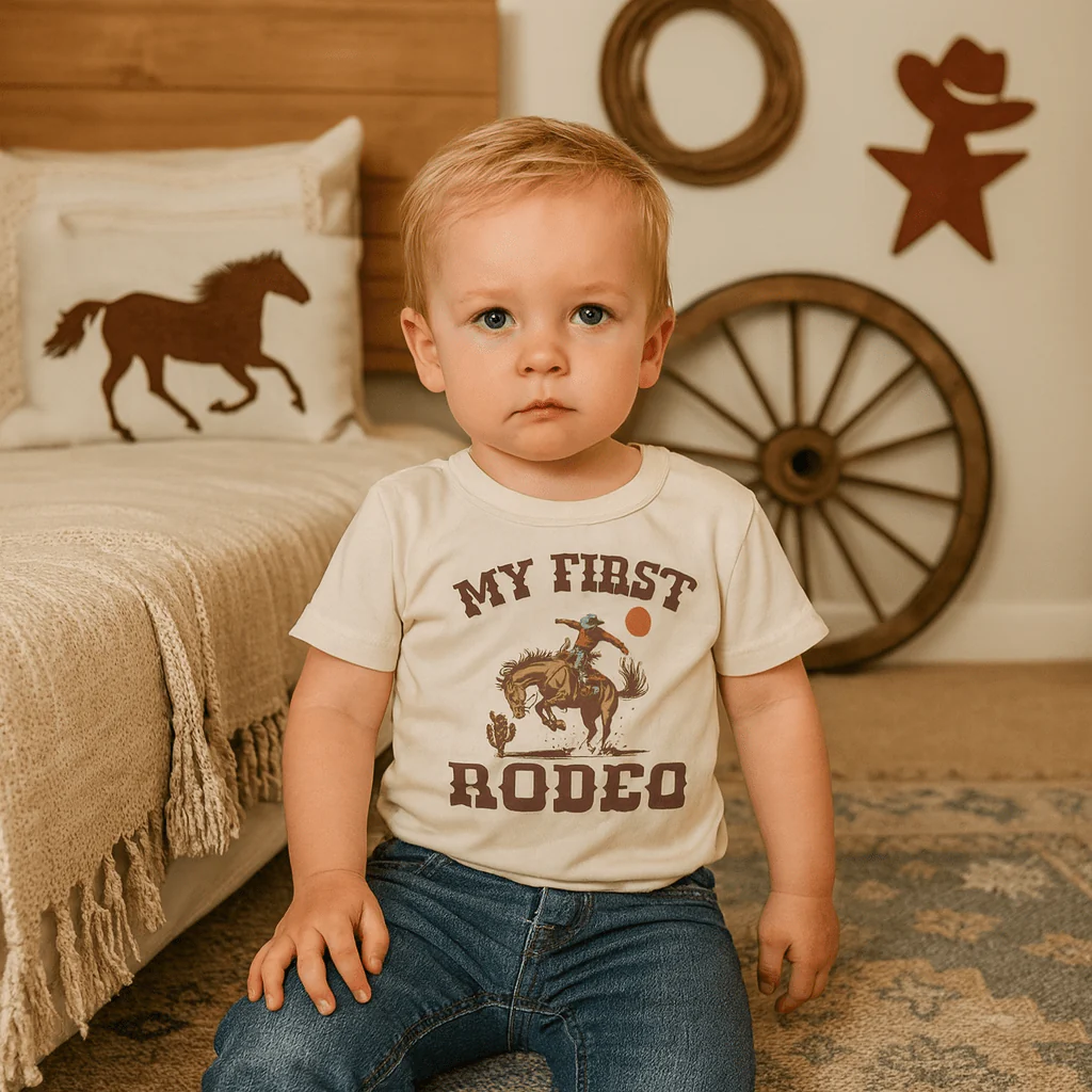 little boy wearing an organic cotton graphic tee that says 'my first rodeo' from affordable sustainable clothing brand Finn + Emma