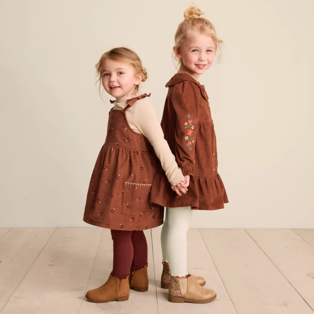 two little girls wearing cute organic outfits from affordable sustainable clothing brand little co by Lauren Conrad 