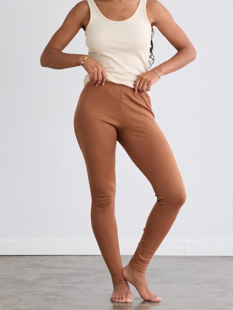 woman wearing an organic cotton outfit from ethical brand fair indigo