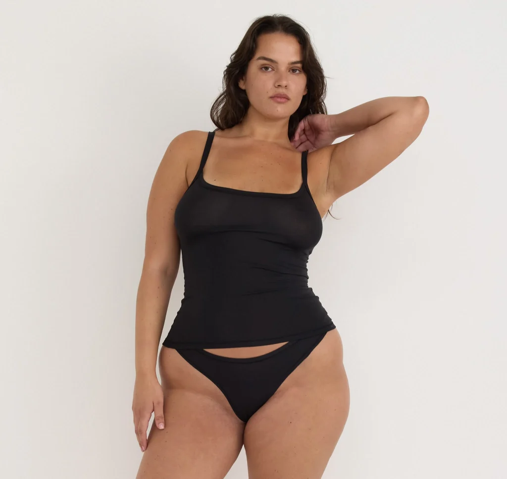 woman wearing non toxic lyocell underwear and tank top